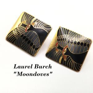 Vintage Laurel Burch "Moondoves" Clip Earrings, Black Birds, Gold Plated